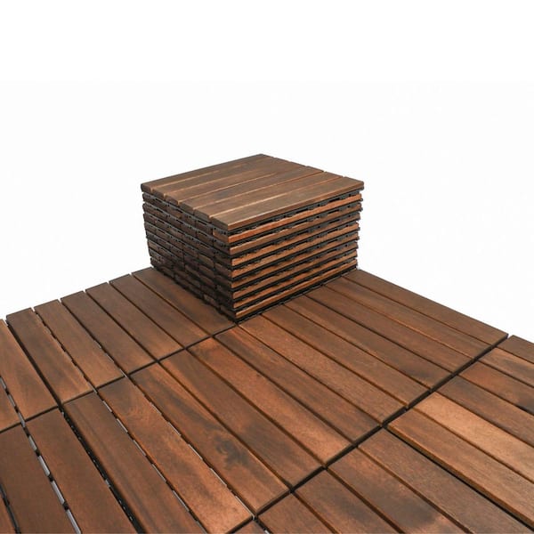 Unbranded 12 in. x 12 in. Brown Square Acacia Wood Patio Flooring Tiles Striped Pattern (Pack of 10 Tiles)