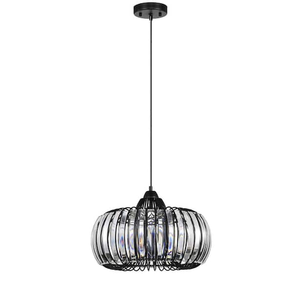 Runesay 16.5 in. W 1-Light Dimmable Modern Oblate Matte Black Crystal Chandelier Fixture Ceiling Pendant Light