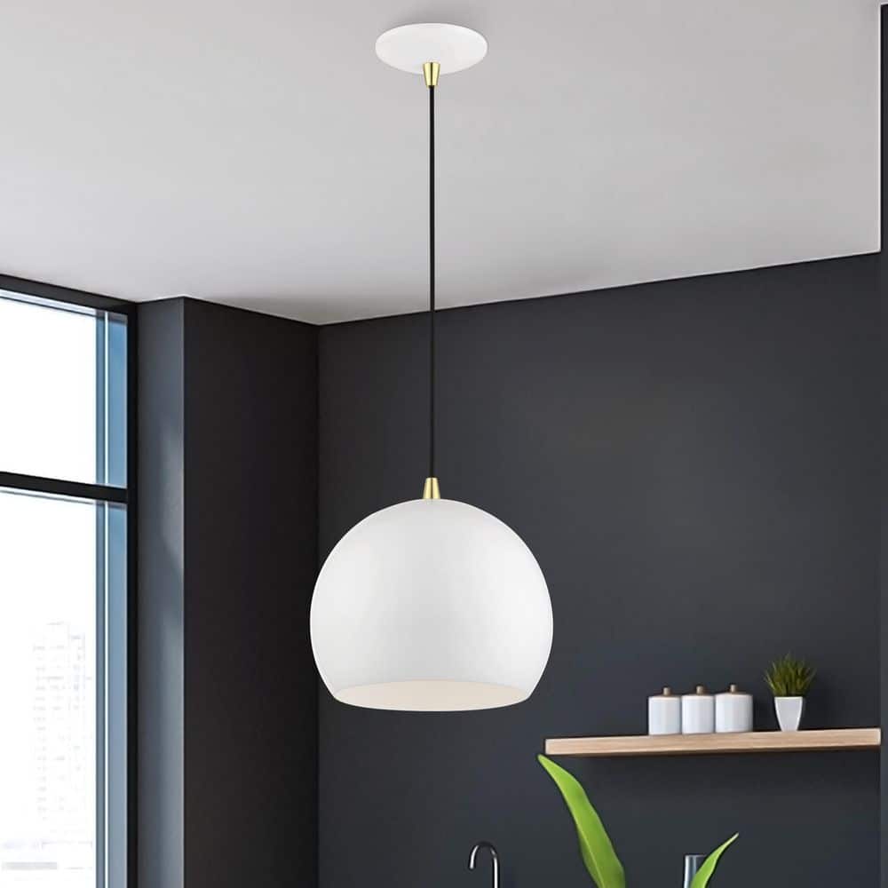 Mini Shiny White Aluminum Globe Pendant with Polished Brass Accents