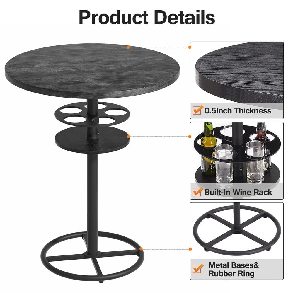 Black Round Counter Height Bar Table with Wood Top and Metal Pedestal