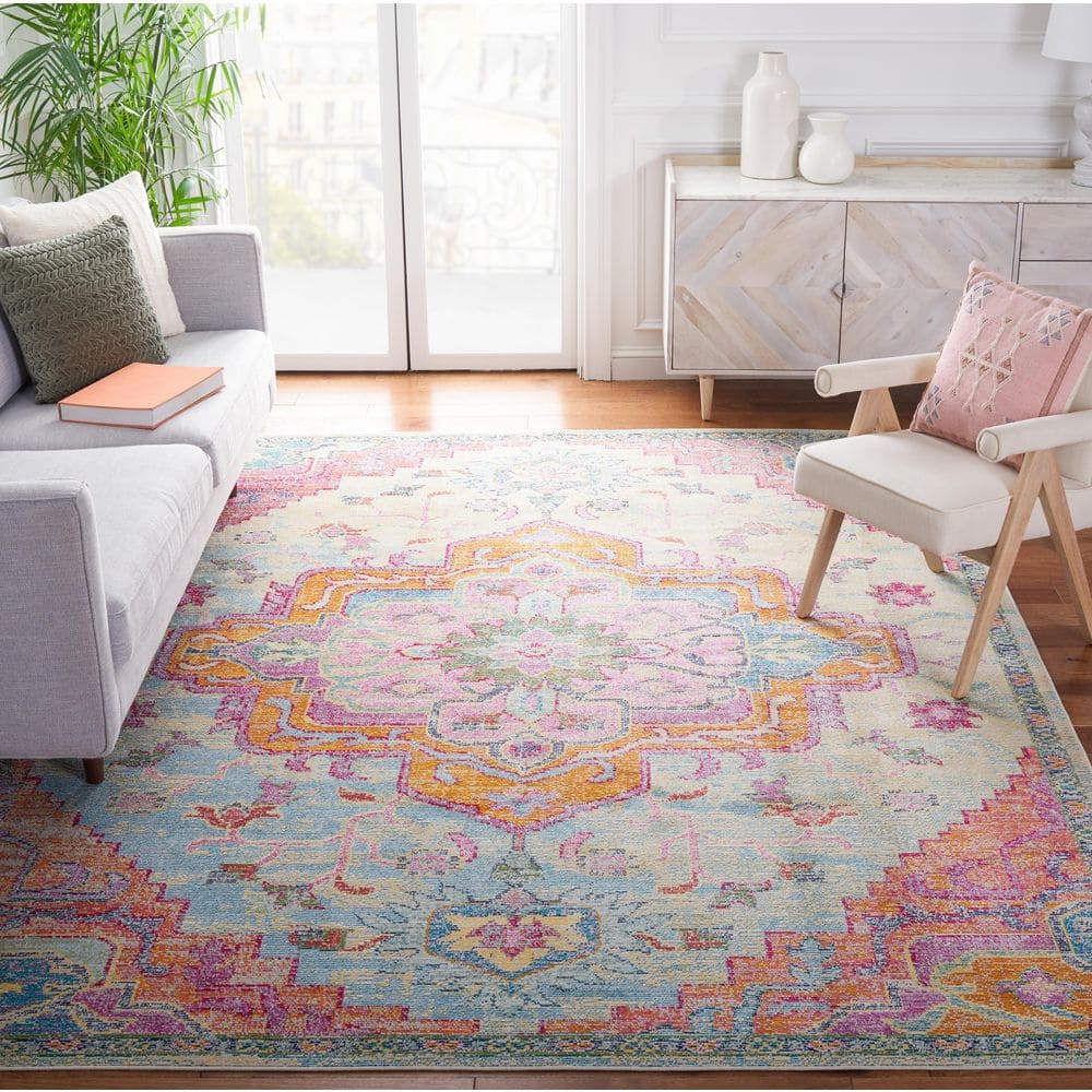 Crystal 8 ft. x 8 ft. Square Light Blue/Fuchsia Distressed Border Area Rug price history on PriceWatchPro