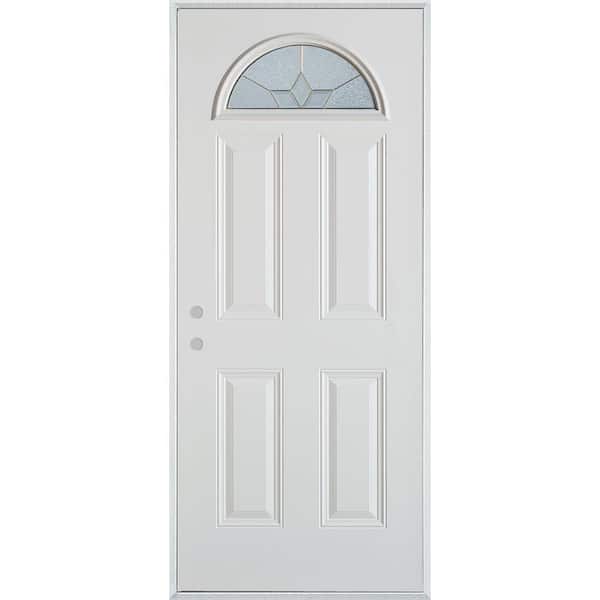 Stanley Doors 36 in. x 80 in. Geometric Brass Fan Lite 4-Panel Painted White Right-Hand Inswing Steel Prehung Front Door