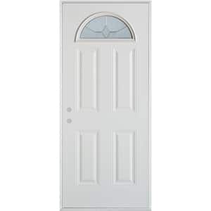 36 in. x 80 in. Geometric Zinc Fan Lite 4-Panel Painted White Right-Hand Inswing Steel Prehung Front Door