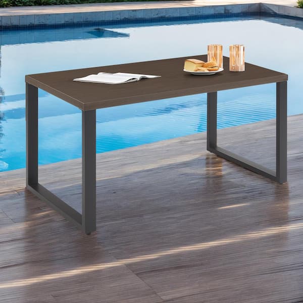 Black Metal Rectangular Dining Table for 6 with Wood Grain Finish Top Brown(52 in. L x 26 in. H)