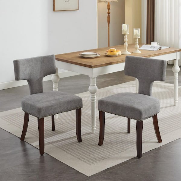 Gray Modern Dining Chairs Set of 2, Upholstered Accent Chairs with Curved Backrest & Copper Nails, Solid Hardwood Frame