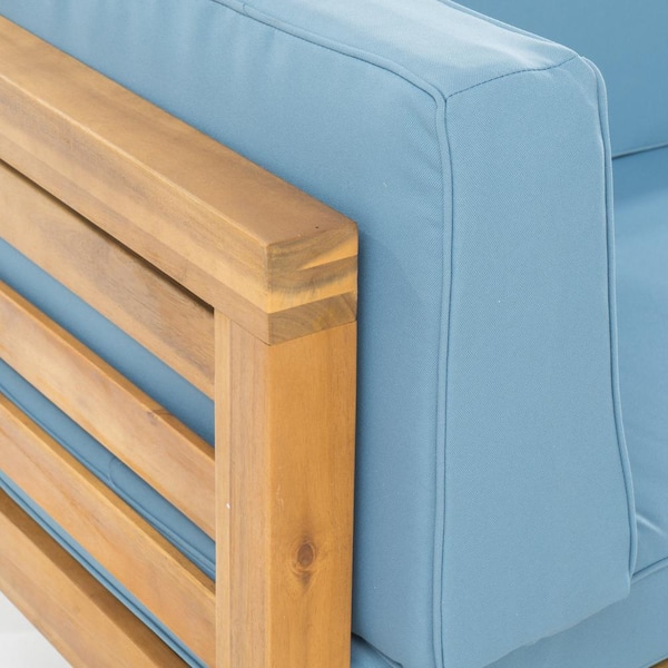 Oana Teak Finish 4-Piece Wood Outdoor Patio Sectional Set with Blue Cushions