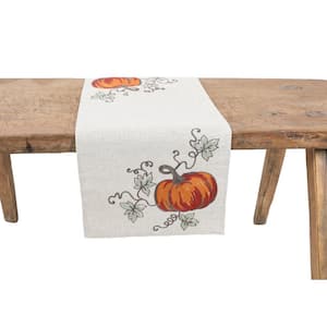 15 in. x 70 in. Rustic Pumpkin Crewel Embroidered Fall Table Runner, Natural