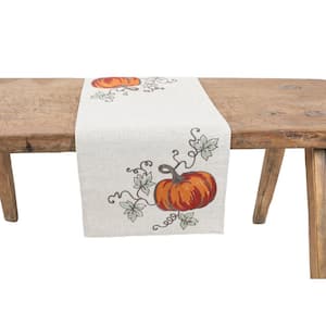 15 in. x 90 in. Rustic Pumpkin Crewel Embroidered Fall Table Runner, Natural