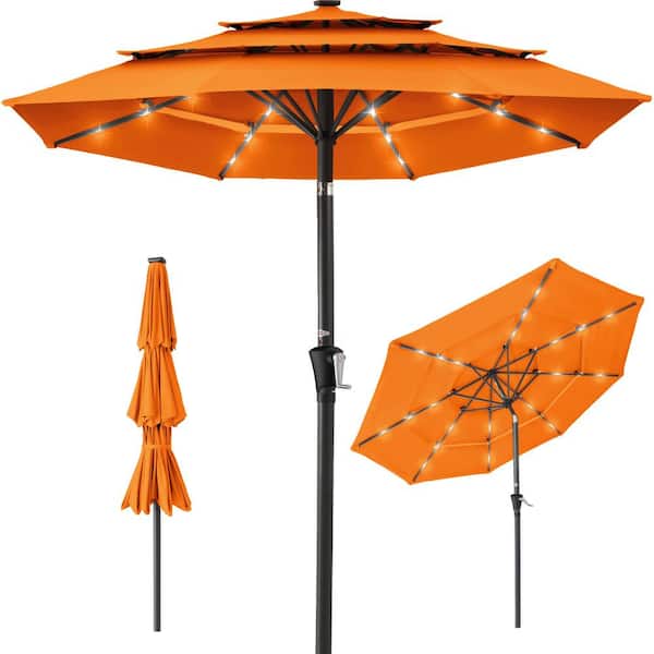 Angel Sar 10 ft. 3-Tier Market Solar Patio Umbrella with Tilt Adjustment, 8 Ribs and 24 LED Lights in Orange