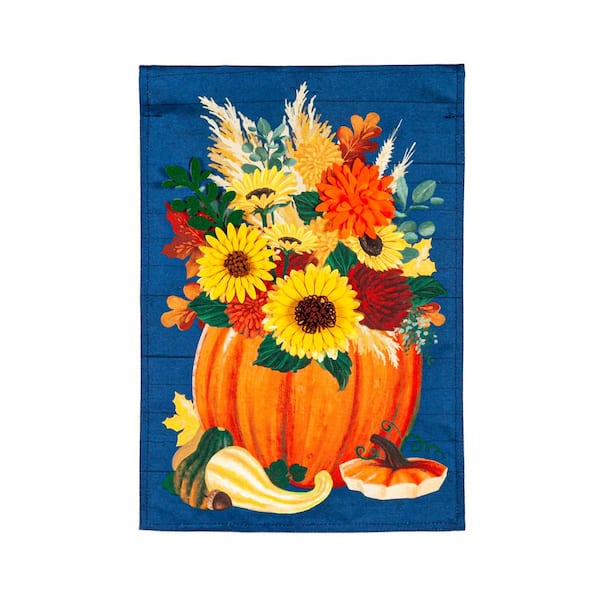 Evergreen 1 ft. x 1-1/2 ft. Floral Pumpkin Garden Linen Flag