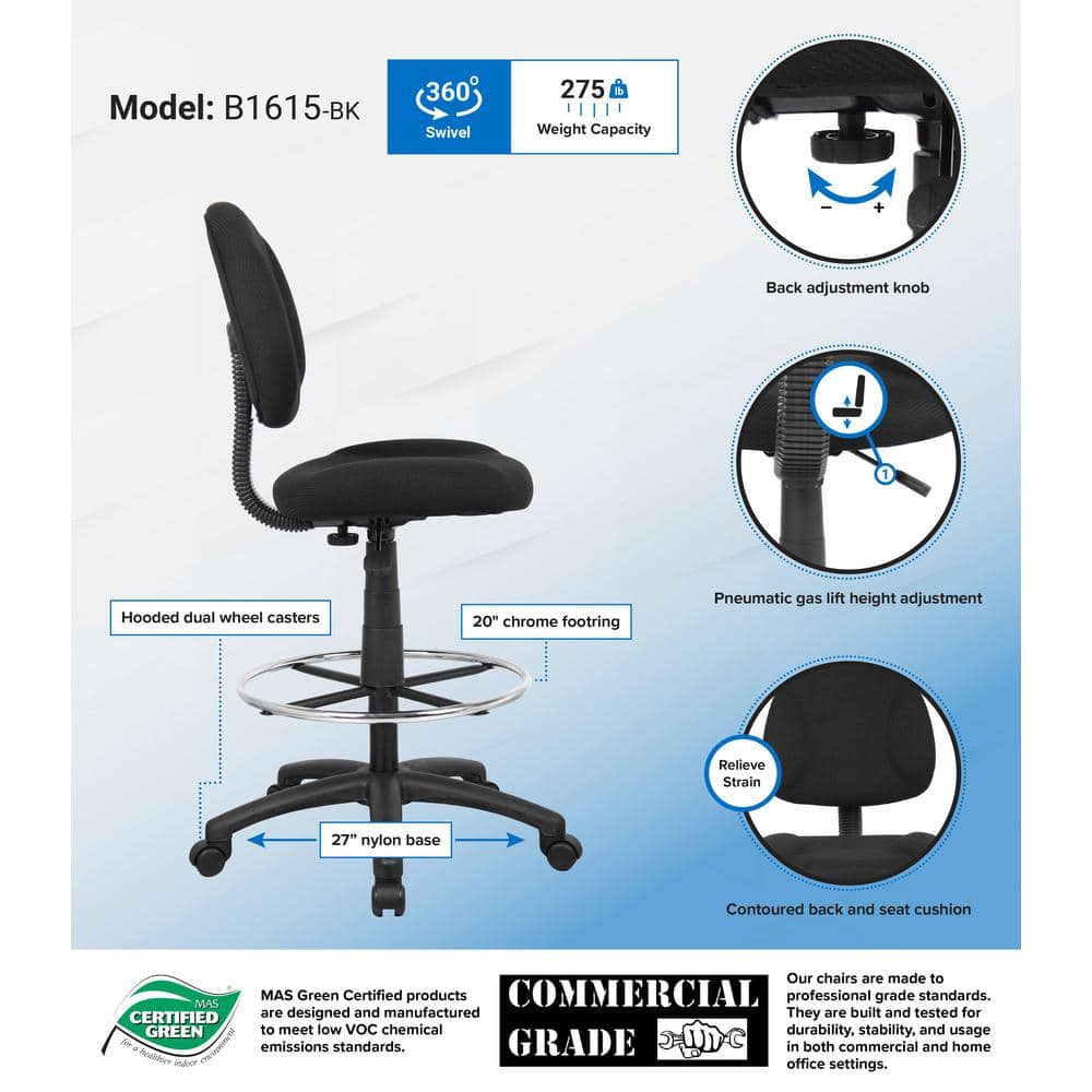 ErgoFlex Black Nylon Adjustable Drafting Swivel Chair with Footring