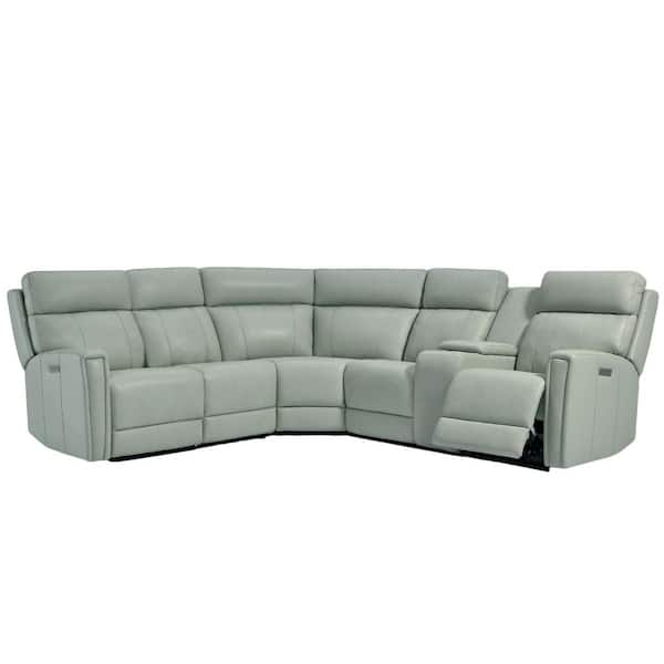 Rhett 104" in Genuine Leather Power Recliner Sectional Sofa with USB&USB-C Port, 2 Stationary armlesschairs in. Seafoam
