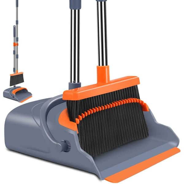 11 in. Gray/Orange Upright Broom and Dustpan Set