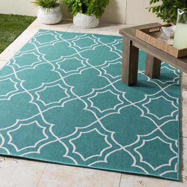 Felix Teal 8 ft. 9 in. x 8 ft. 9 in. Round Geometric Indoor/Outdoor Area Rug