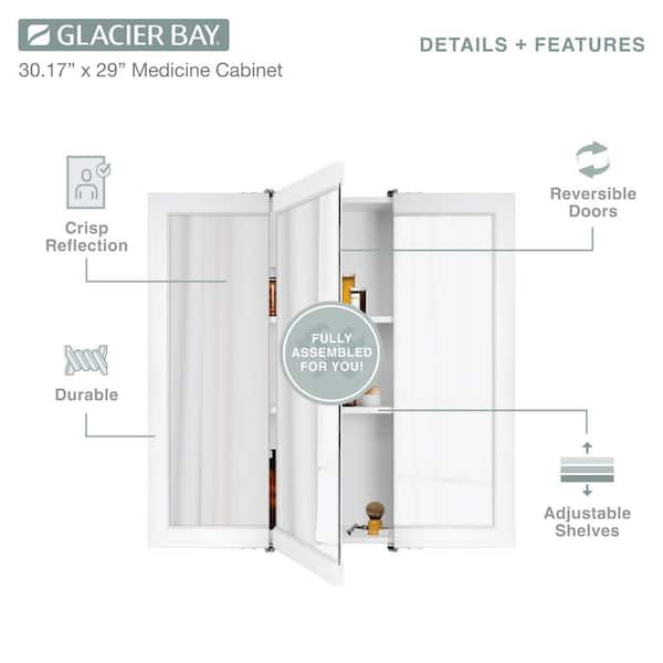 Glacier Bay 30-3/16 in. W x 29 in. H Framed Surface-Mount Tri-View Bathroom Medicine Cabinet with Mirror, White