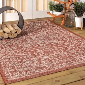 Malta Bohemian Medallion Red/Taupe 5 ft. 3 in. x 7 ft. 7 in. Textured Weave Indoor/Outdoor Area Rug