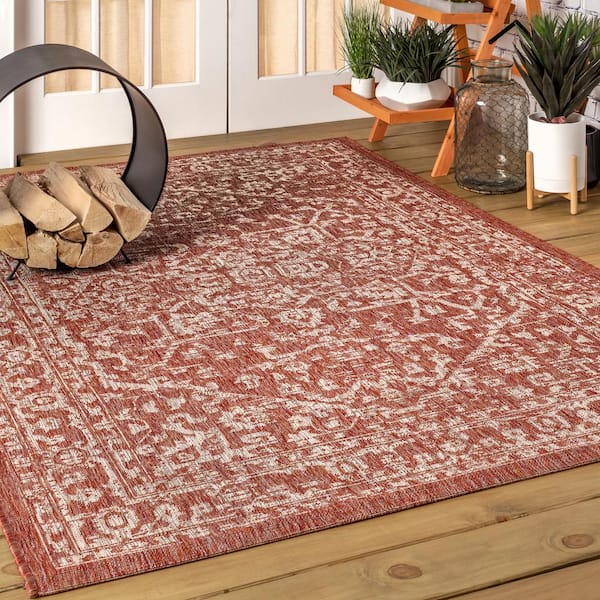 JONATHAN Y Malta Red/Taupe 9 ft. x 12 ft. Bohemian Medallion Textured Weave Indoor/Outdoor Area Rug