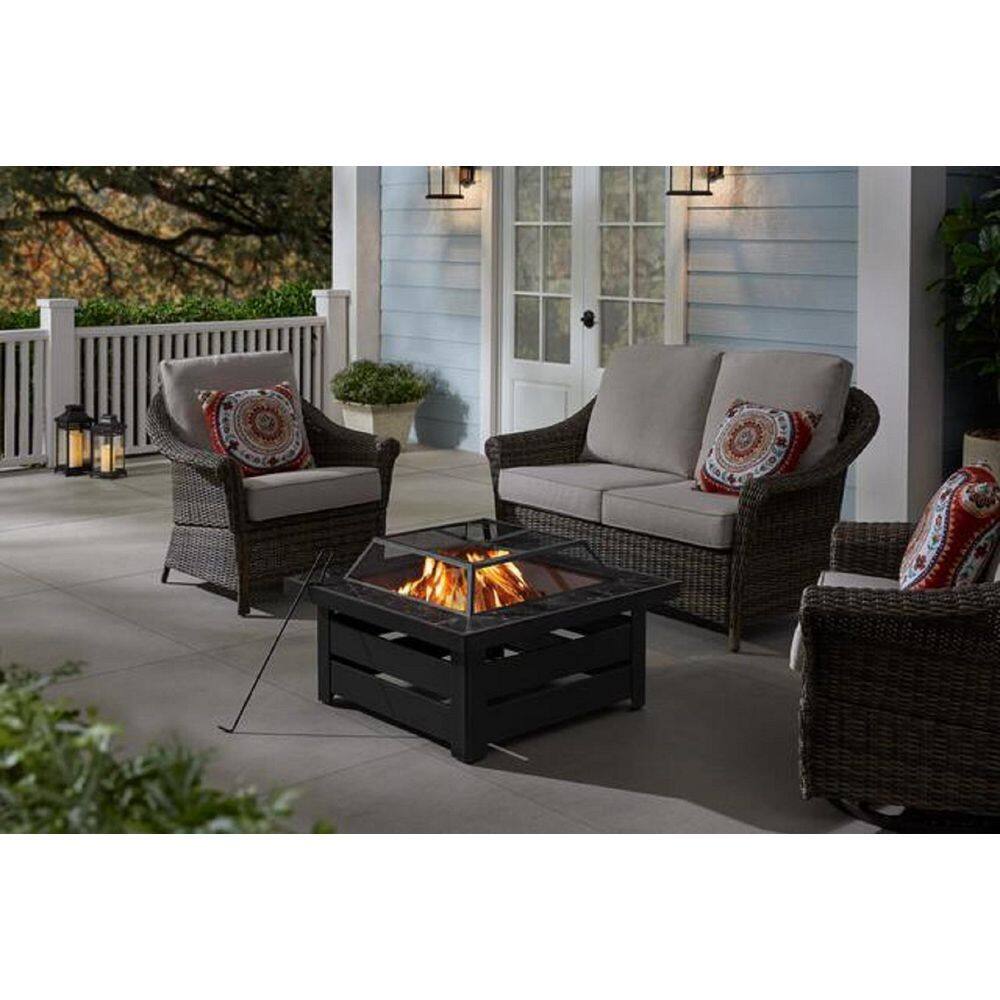 Hampton Bay Stoneham 34 in. x 17 in. Square Steel Black Wood Fire Pit ...