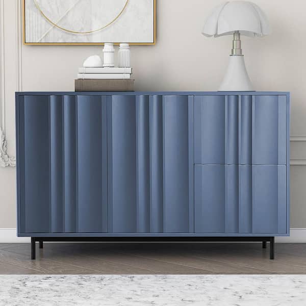 Navy Blue Wood 47.2 in. Storage Cabinet Sideboard with 2 Drawer, 2 Wave Pattern Doors, Adjustable Shelf, Rebound Device