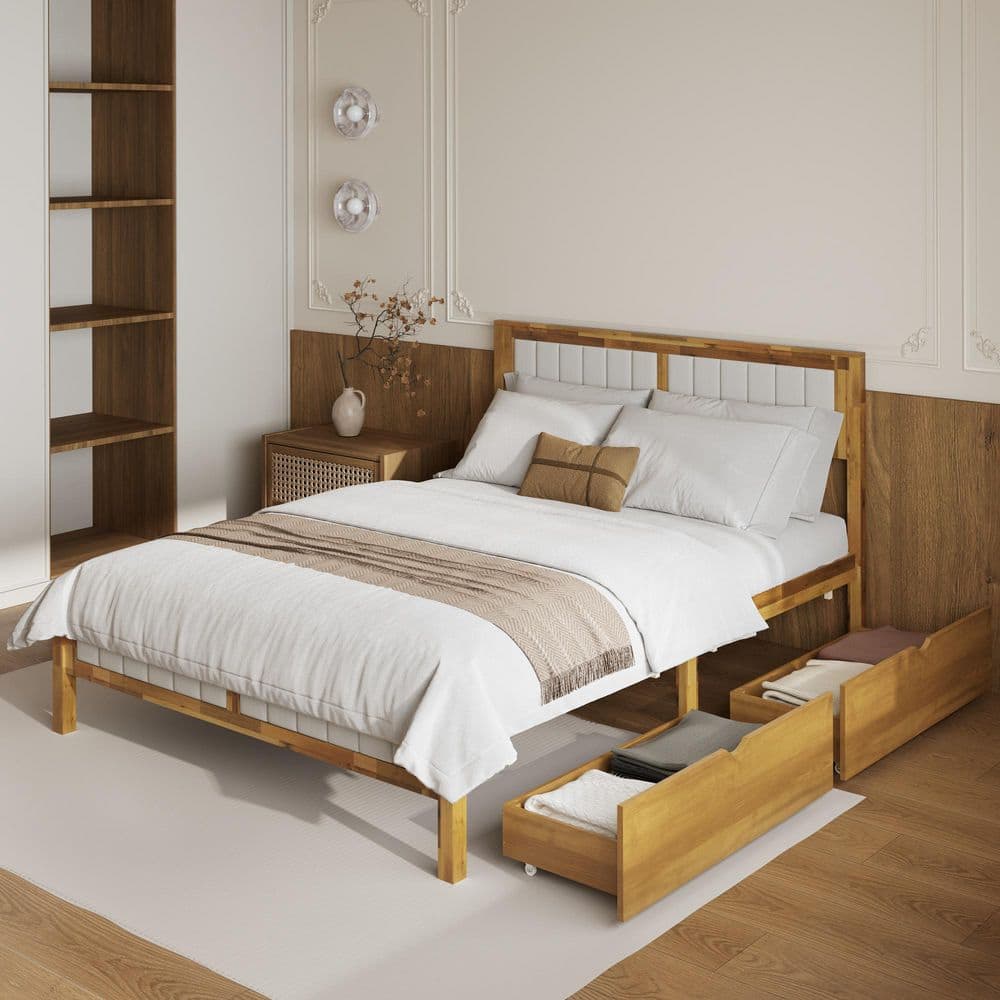 Brown 100% Solid Wood Frame Queen Platform Bed with 2 Drawers, 12 Slats, Rustic Panel Bed with Fabric Headboard price history on PriceWatchPro