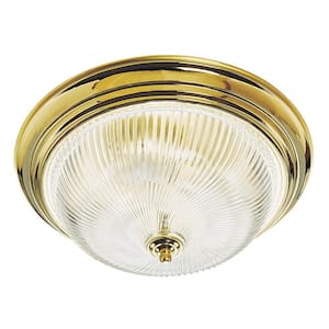 3-Light Polished Brass Ceiling Fixture with Clear Ribbed Glass
