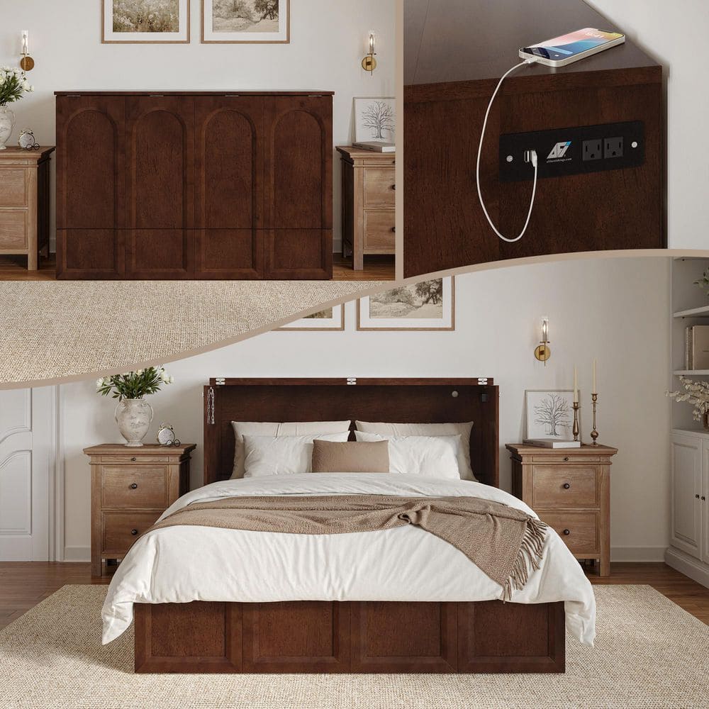 AFI Athena Walnut Brown Wood Frame Queen Murphy Bed Chest with 6