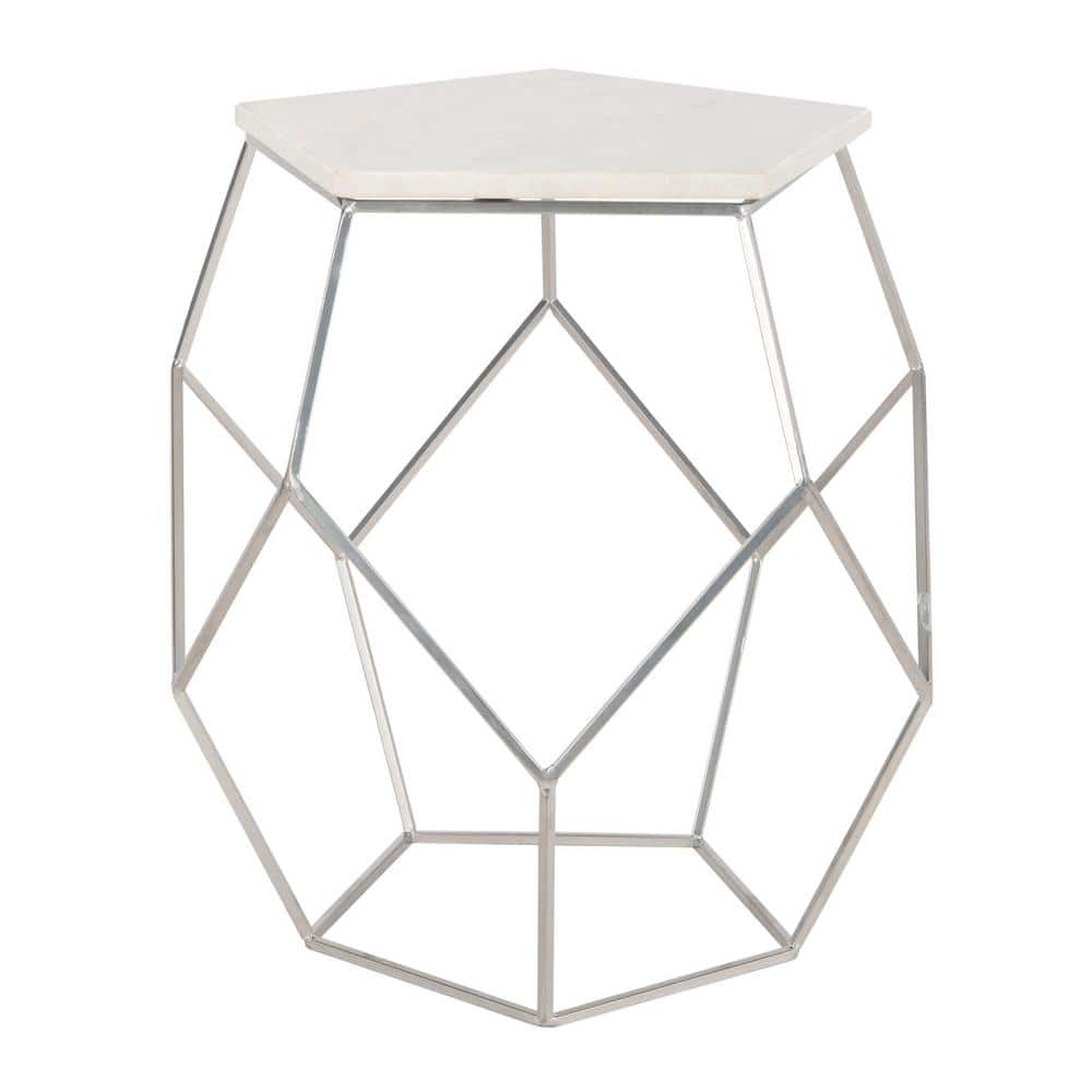 Transitional Hexagonal 18" Silver Stone & Metal Side Table