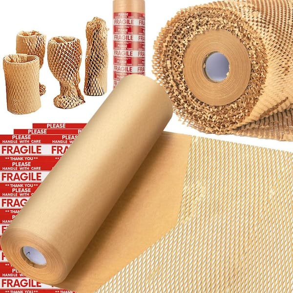Unbranded Extra Large 15x230' Honeycomb Packing Paper Roll Eco-Friendly Protective Bubble Wrap Alternative with 36 Fragile Labels
