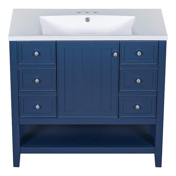 Noble House Tarsa 36 in. Bathroom Blue Cabinet Bath Vanity with White Ceramic Sink Top, Drawers, and Shelf