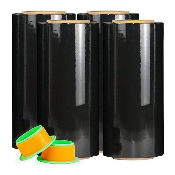 80-Gauge Black Stretch Film 12 x 1000 ft. 4-Pack with Plastic Handle Durable Self-Adhesive Wrapping for Moving Shipping