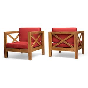 Brava Teak Brown Removable Cushions Wood Outdoor Lounge Chair with Red Cushion (2-Pack)