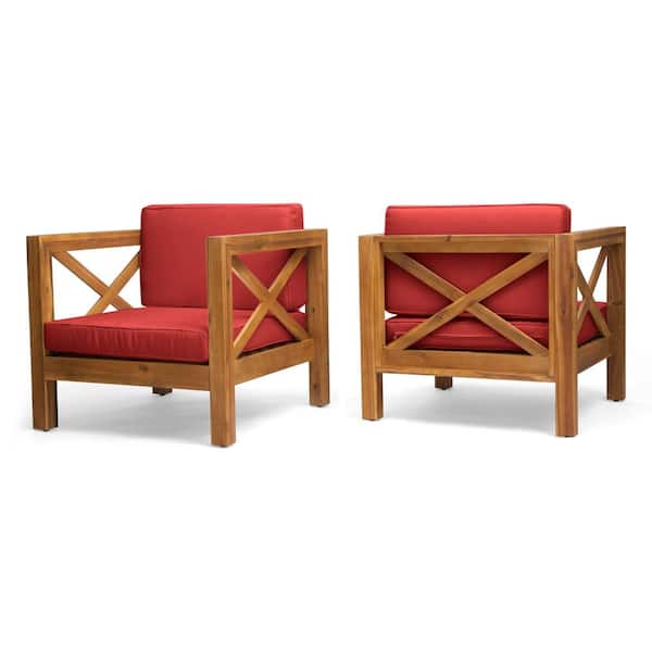 Brava Teak Brown Removable Cushions Wood Outdoor Patio Lounge Chair with Red Cushion (2-Pack)