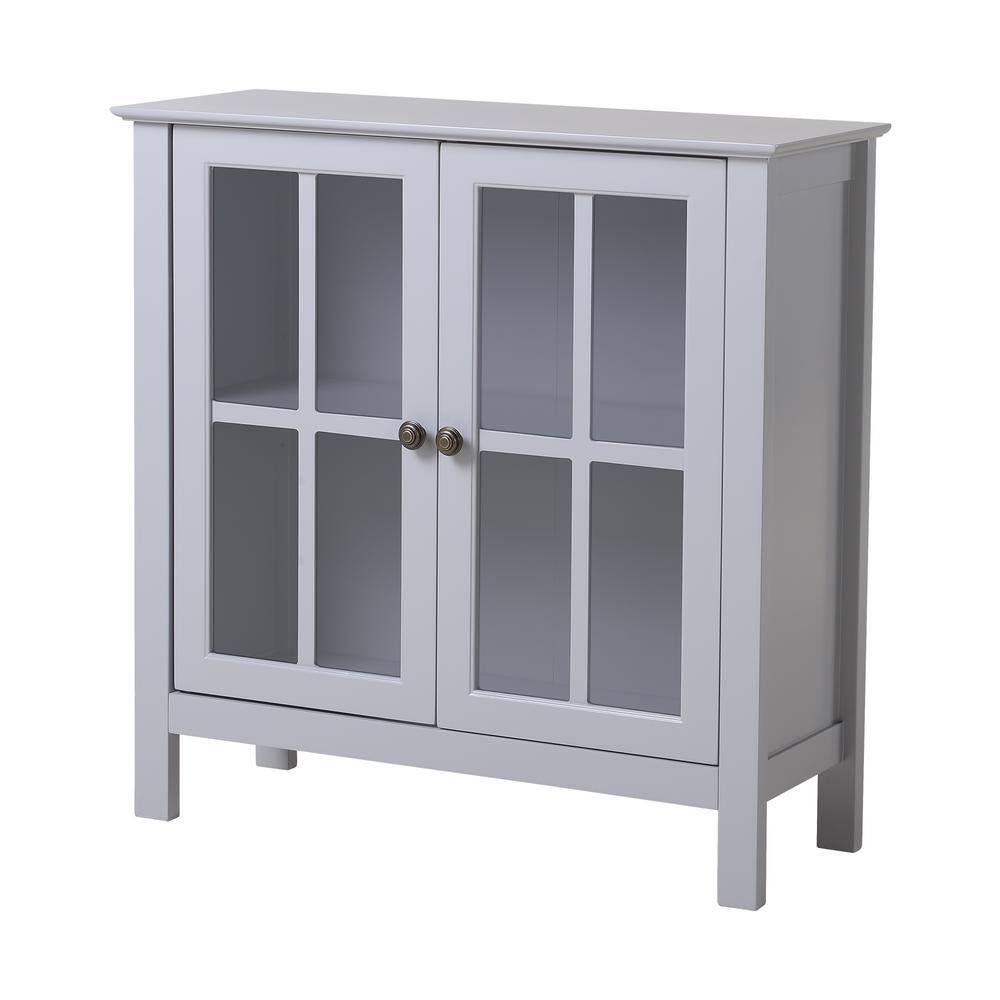 Elegant Dark Gray Glass Door Display Cabinet with Antique Brass Accents