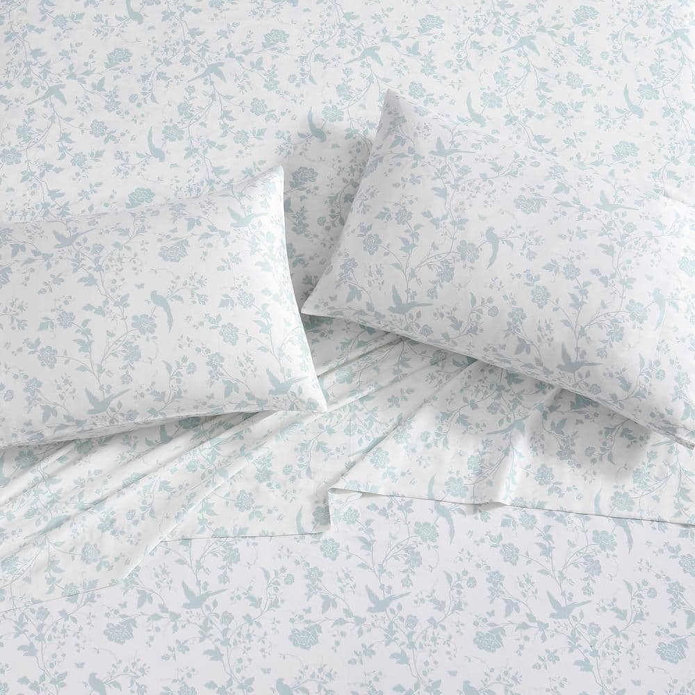 Queen White Cotton Floral Sateen Sheet Set
