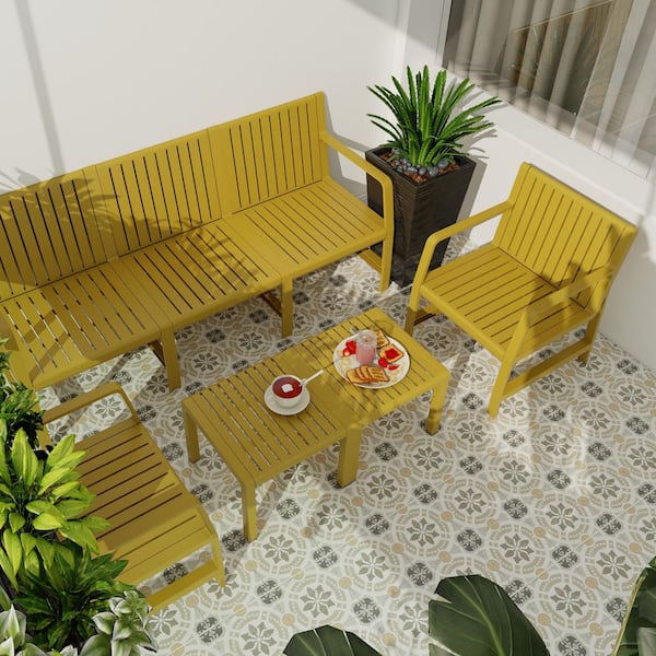 Brick Yellow 5-Piece Plastic Outdoor Sectional Set Patio Conversation Set with 2 Chairs and 2 Coffee Tables