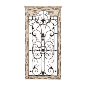 27 in. x  51 in. Wood White Arabesque Scroll Wall Decor with Metal Fleur De Lis Relief