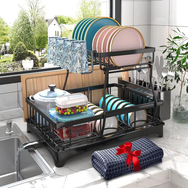 Numhew Dish Drying Rack, 2-Tier Dish Rack with Drainboard, Mat, Cutting Board Holder, Knife Fork Rack and Cup Rack for Kitchen
