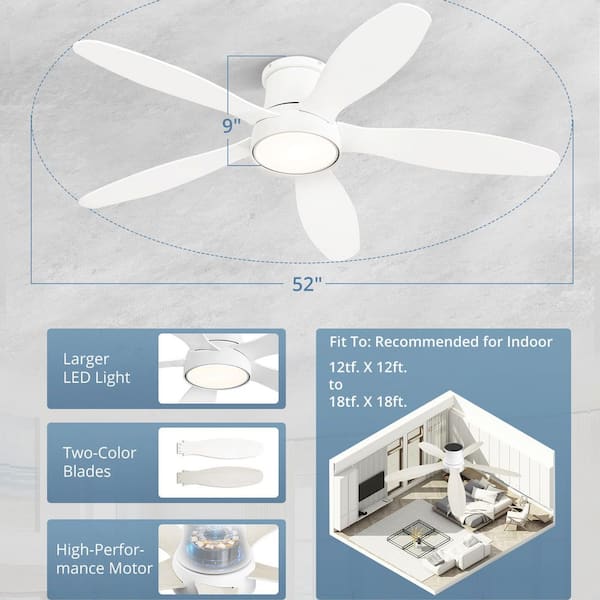 52 in. Low Profile Integrated LED Indoor Fresh White Ceiling Fan with Universal Remote For Bedrooms