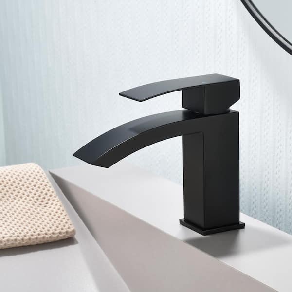 Single Handle Single Hole Bathroom Faucet with Deckplate and Drain Included, Square Bathroom Sink Faucet in Matte Black