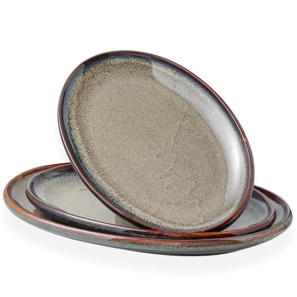Ceramic Oval Serving Platter Set 3-Piece Lead-Free Caramel Brown Reactive Glaze 15.75 in. Dishwasher Safe
