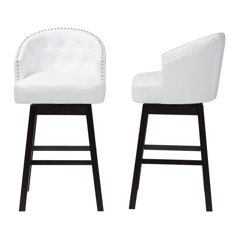 Set of 2 White Faux Leather Tufted Swivel Barstools with Nailhead Trim