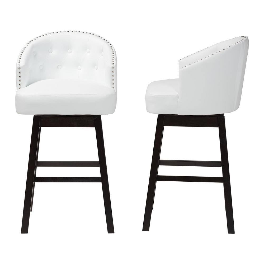 Set of 2 White Faux Leather Tufted Swivel Barstools with Nailhead Trim