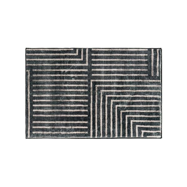 Distressed Bohemian Stripes Washable Non Slip Anthracite 2 ft. x 3 ft. Area Rug