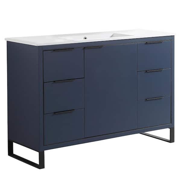 FINE FIXTURES Opulence 48 in. W x 18 in. D x 33.5 in. H Bath Vanity in Navy Blue with White Ceramic Top