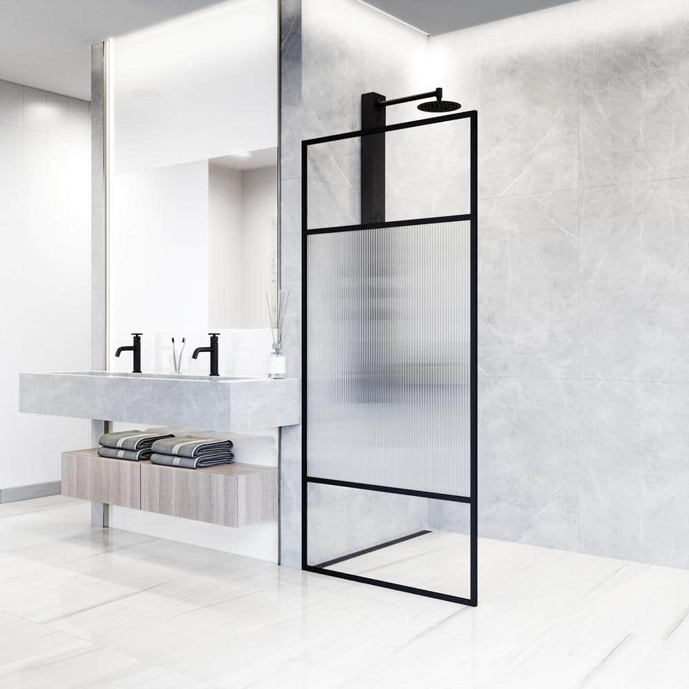 Essex Matte Black 34" x 74" Framed Fluted Glass Shower Screen