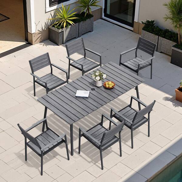 Pellebant 7-Piece Aluminum Outdoor Dining Set in Gray with Stackable Arm Chairs and Wood-like Top, Umbrella Hole