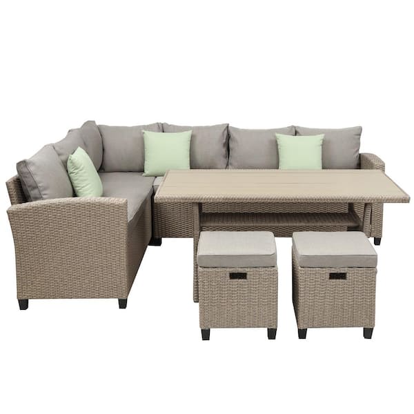 Afoxsos 5-Piece Wicker Outdoor Conversation Set, Dining Table Chair with Ottoman Pillows and Beige Brown Cushions