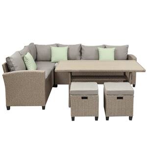 Modern 5-Piece PE Wicker Outdoor Conversation Sectional Sofa Set Patio Furniture Set with Brown Cushions