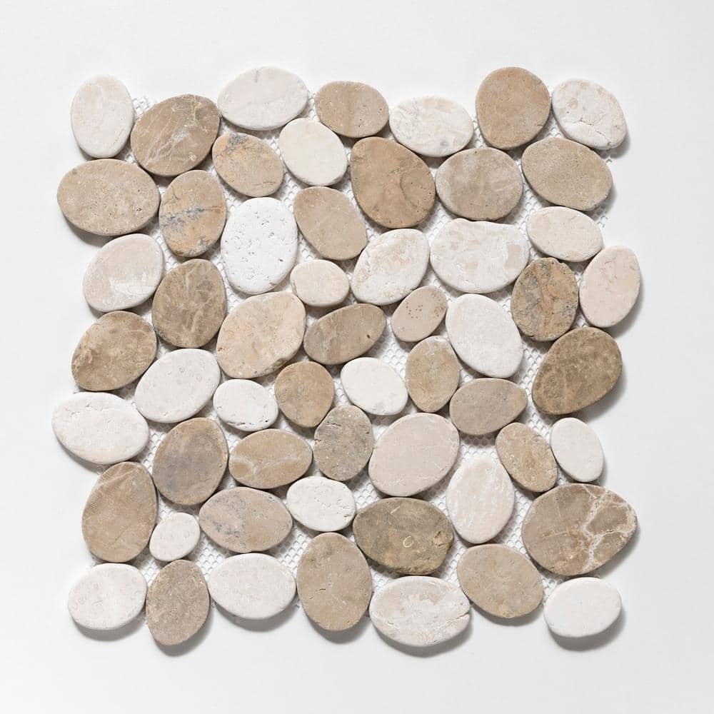 Tan and White Tumbled Marble Pebble Mosaic Tile