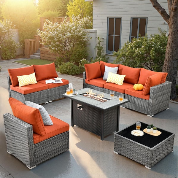 Messi Gray 8-Piece Wicker Outdoor Patio Conversation Sectional Sofa Set with a Metal Fire Pit and Orange Red Cushions